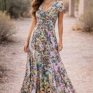 Soft Surroundings Lavender, Green & Yellow Floral Maxi Wrap Dress